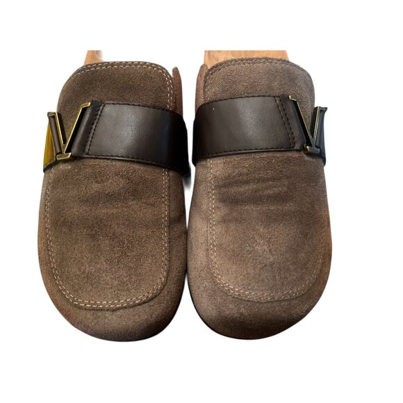 Sold Vionic Maude Suede Leather Mules Womens 9 Brown Logo Strap Orthopedic - Picture 3 of 10